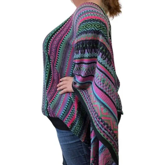 Novica Womens Striped Batwing Poncho Lightweight Sweater Aztec Boho Tribal - Picture 2 of 7
